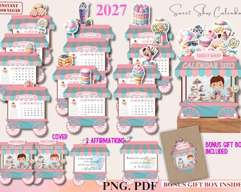 Puede incluir: Un conjunto de calendario Sweet Shop 2027 con doce páginas mensuales diseñadas como carritos de dulces en color turquesa y rosa. Cada página muestra un mes, una cuadrícula de calendario e ilustraciones de postres, una portada, tarjetas de afirmación y caja.
