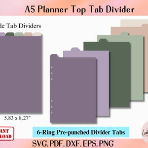 Divisor de aba superior para planejador A5, arquivo de corte para divisor de fichário A5, divisor de furos de 6 anéis, divisor Cricut SVG, divisor de aba superior, marcador de página aninhada