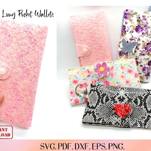 May include: Four long pocket wallets featuring various designs including pink glitter lace, floral patterns with a butterfly or flower accent, and a black and white snakeskin print with a red heart. Text reads 4 Style Long Pocket Wallets.