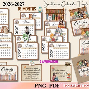 Può includere: Un set di modelli di calendario di 18 mesi per il 2026-2027 con illustrazioni a tema librario, griglie mensili e citazioni. La collezione include vari layout di pagina con librerie, personaggi che leggono e tazze in formato PNG e PDF.