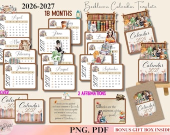 May include: A 2026-2027 18-month calendar template set featuring book-themed illustrations, monthly grids, and inspirational quotes. The collection includes various page layouts with bookshelves, reading characters, and coffee cups in PNG and PDF formats.
