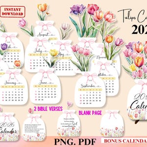 2026 Tulpen Kalender, druckbare Blumen Tischkalender PNG für Cricut Cut Datei, Aquarell Blumenkalender Botanisches druckbares Geschenk für Pflanzenliebhaber