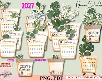 Calendario de escritorio para plantas de interior 2027, plantilla botánica, regalo para amantes de las plantas, descargable en PDF e imprimible en formato PNG.
