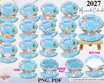 2027 Mermaid Desk Calendar Printable, Undersea Ocean Calendar,Stackable Calendar PDF, Sea Animal Mini Calendar