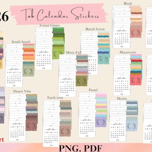 Könnte beinhalten: Eine Sammlung von 2026 Tabellenkalender-Aufklebern in verschiedenen Farbpaletten, darunter "Fairy tale", "Forest Green" und "Beach house". Jeder Aufkleber zeigt einen Monatskalender und das Wort "Sept". Der Text "PNG. PDF" ist ebenfalls enthalten.