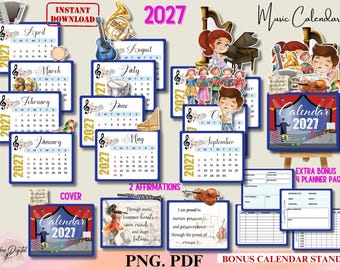 Calendrier de bureau imprimable professeur de musique 2027, calendrier scolaire, calendrier mensuel, Mini calendrier, cadeau pour les professeurs, calendrier PNG pour Cricut