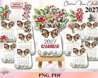 2027年クリスマスヒイラギの花カレンダー（印刷可能）、松ぼっくりホリデーデコレーション、素朴な冬のカレンダー、居心地の良いホリデーカレンダー、クリスマスデコレーション