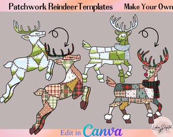 Plantilla de marco de Canva con reno de patchwork navideño, plantilla de CANVA de arrastrar y soltar, marco de Canva con lazo navideño de coqueta editable por sublimación