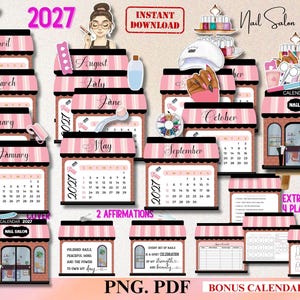 Puede incluir: Un kit digital de calendario de salón de uñas 2027 con diseños de toldos a rayas rosas y negras, páginas de calendario mensual, ilustraciones de herramientas de manicura, equipo de salón, afirmaciones decorativas y páginas extra.