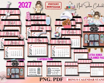 2027 Nail Salon Desk Calendar, Printable Beauty Salon Mini Calendar, PNG Manicure Calendar Nail Tech Gift Planner
