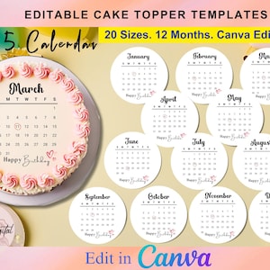 Canva Editable Cake Calendar,Burn Away Round Calendar Cake Topper Template,Custom Сake Topper, Printable 2025 Calendar Birthday Cake Topper