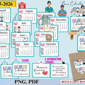 Puede incluir: Una plantilla de calendario de enfermería imprimible para 2025 y 2026. El calendario presenta una variedad de ilustraciones con temática de enfermería, que incluyen un estetoscopio, un corazón y un uniforme de enfermería. El calendario también incluye dos cubiertas de afirmación con citas inspiradoras.
