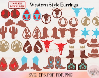 Paquete de aretes occidentales SVG, aretes cortados con láser SVG, aretes de cuero sintético, archivo de corte de aretes de vaquero para Cricut, aretes Glowforge
