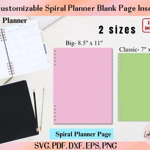 Puede incluir: Dos páginas en blanco de planificador en espiral en rosa y verde. Las páginas miden 8,5 pulgadas por 11 pulgadas y 7 pulgadas por 9,25 pulgadas. El texto "Descarga instantánea" está en un cuadro rojo.