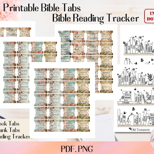 Puede incluir: Pestañas de Biblia imprimibles con diseños florales en azul, rosa y verde. Las pestañas incluyen los nombres de los libros de la Biblia, como Génesis, Éxodo y Salmos. También hay 40 pestañas en blanco y 2 rastreadores de lectura. La imagen incluye el texto "66 Book Tabs", "40 Blank Tabs", "2 Reading Tracker", y "PDF.PNG".