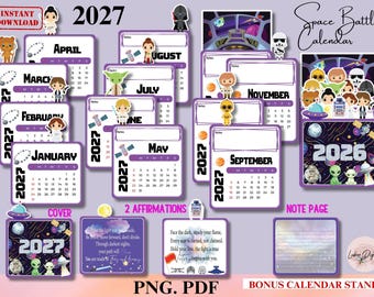 Space Battle Desk Calendar 2027,Outer Space Theme Mini Calendar,Sci-Fi Galactic Printable,Space Knights Calendar Desk Decor Cricut