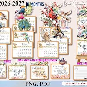 2026-2027 Bureau boho vogel christelijke kalender, bijbelvers schrift kalender doopsel stapelbare kalender, christelijk bureau decor, vogelliefhebber cadeau