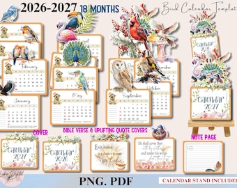 Calendario cristiano de escritorio estilo boho con pájaros 2026-2027, calendario con versículos bíblicos, calendario apilable para bautismo, decoración cristiana de escritorio, regalo para amantes de las aves.