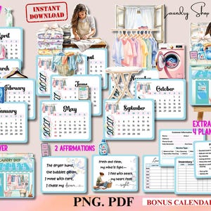 May include: A 2027 laundry shop calendar set featuring monthly pages with illustrations of clothing, laundry equipment, and cleaning supplies. Includes bonus planner pages, a pricing list, inventory charts, and affirmation cards in a digital format.