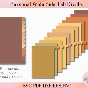 May include: Personal wide side tab dividers for a 4.75 inch by 6.75 inch planner. The set includes multiple dividers in a gradient of brown, tan, and yellow shades, each featuring six punched holes along the left edge and a single side tab.