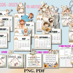May include: A collection of 2026-2027 Christian calendar pages and prayer journals featuring watercolor illustrations of biblical figures, animals, and churches. The set includes monthly grids, scripture verses, and prayer prompts in a soft color palette.