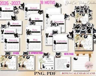 Zwarte kat gluren bureaukalender 2026-2027, afdrukbare mini huisdier kalender, grappige kattenkalender Cricut kattencadeau kattenliefhebbers kattenmoeder bureauplanner