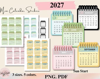 Może przedstawiać: Kolekcja naklejek z mini kalendarzem na 2027 rok, obejmująca różne miesiące w pięciu odrębnych paletach kolorystycznych. Zestaw zawiera arkusze z wieloma wzorami kalendarzy, pojedyncze naklejki miesięczne ze spiralą na górze oraz etykiety z napisem 2027, Mini Calendar Stickers i Sun Start.