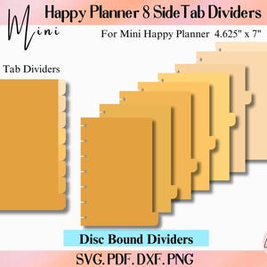 Könnte beinhalten: Ein Set aus acht seitlichen Registerkarten für einen Mini Happy Planner mit den Maßen 11,75 cm mal 17,78 cm. Die Registerkarten zeigen einen Farbverlauf in Gelb- und Beigetönen, mit Stanzlöchern für Discs am linken Rand und einem Reiter.