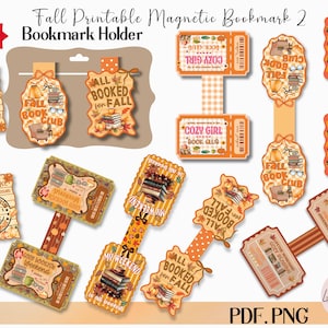 Può includere: Una collezione di segnalibri magnetici stampabili a tema autunnale. I disegni includono pile di libri, zucche e il testo "Fall Book Club" e "Cozy Girl Book Club". La tavolozza dei colori presenta arancione, marrone e crema.