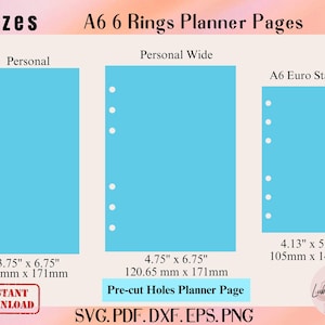 May include: Three different sizes of light blue planner pages with pre-punched holes for a 6-ring binder. The sizes are Personal (3.75" x 6.75", 95mm x 171mm), Personal Wide (4.75" x 6.75", 120.65mm x 171mm), and A6 Euro Standard (4.13" x 5.83", 105mm x 148mm).