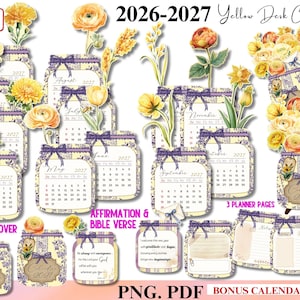 2026-2027 Yellow Flower Calendar, Printable Floral Desk Calendar Cricut,Watercolor Toile Vase Calendar, Botanical Calendar Flower Lover Gift