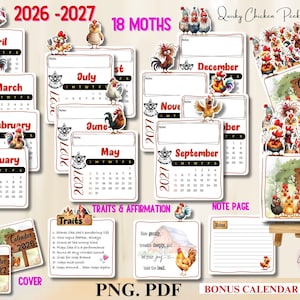 Puede incluir: Un conjunto de calendario digital titulado Quirky Chicken Peeking Calendar que abarca 18 meses de 2026 a 2027. La colección incluye páginas mensuales con ilustraciones de pollos, una página de rasgos y afirmaciones, notas y un soporte.