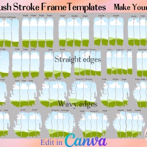 Puede incluir: Una descarga digital de plantillas de marcos de trazos de pincel para usar en Canva. Las plantillas están en grupos de 4, 3, 2 y 1 marcos. Los marcos tienen bordes rectos u ondulados y están en una variedad de colores, incluyendo verde, azul y blanco. El texto "Make Your Own" y "Edit in Canva" está incluido en la imagen.