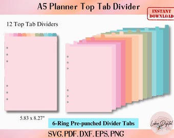 A5 Planner 12 Top Tab Divider,A5 Binder Divider Cut File, 6-Ring Hole Divider, Cricut Divider SVG Top Tab Divider,Nested page Marker