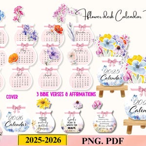 Calendario da tavolo floreale 2025-2026, calendario da tavolo floreale stampabile con affermazione PNG per Cricut, calendario floreale ad acquerello con stampe botaniche