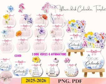 2025-2026 Flower Desk Calendar,Printable Flowers Desk Calendar Affirmation PNG for Cricut,Watercolor Floral Calendar Botanical Printables