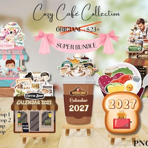 May include: A digital collection of five 2027 calendars featuring illustrated themes of a sweet shop, two coffee shops, a coffee cup, and toast. The set includes graphic elements like a pink banner with the text SUPER BUNDLE and Cozy Café Collection.