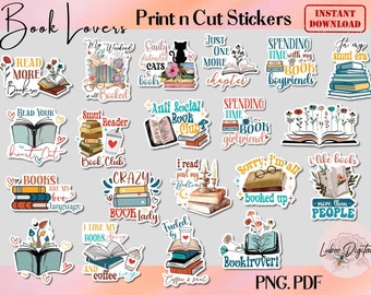 Printable Book Lover Stickers PNG Stickers,Book Lover Book Reader Stickers, Laptop Notebook Print then Cut Journal Stickers, Book Lover Gift