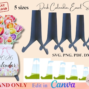 Op de afbeelding: Een digitaal ontwerp voor een ezelstandaard voor een bureaukalender, verkrijgbaar in vijf maten. De afbeelding bevat een decoratieve vaas met kleurrijke tulpen en de tekst "2026 Calendar". De standaard is donkerblauw en heeft een uniek ontwerp. Formaten zijn SVG, PNG, PDF en DXF.