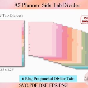 May include: A5 planner side tab dividers in pastel shades. The image shows 12 side tab dividers, pre-punched for a 6-ring binder. The dimensions are 14.8 x 21 cm. The image also includes the text "Instant Download".