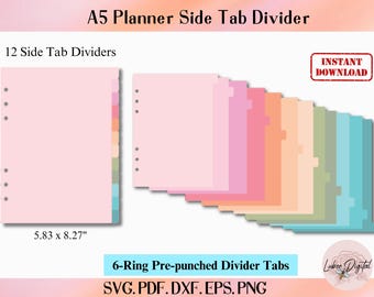A5 Planner 12 Side Tab Divider,A5 Binder Divider Cut File, 6-Ring Hole Divider, Cricut Divider SVG Side Tab Divider,Nested page Marker