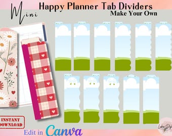 Puede incluir: Mini Happy Planner Tab Dividers Make Your Own. Un conjunto de separadores de pestañas para planificador digital con varios diseños, incluyendo un patrón floral de margaritas, un patrón de corazones vichy rojo y blanco, y un paisaje de cielo azul y hierba verde.