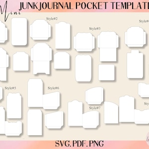 Może przedstawiać: Cyfrowy szablon do mini kieszeni na śmieci, z różnymi stylami w kolorze białym. Obraz zawiera tekst "Mini Junk Journal Pocket Template" oraz informacje o typie pliku: SVG, PDF i PNG. Projekt jest autorstwa Lubre Digital.