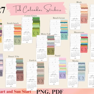 May include: A collection of 2027 tab calendar stickers in various color palettes including Fairy tale, South beach, Forest Green, Beach house, Misty Fall, Blush, Boho, Macaroons, Soft pastel, Lavaender, Desert Vibe, Earth tone, Pastel, Mystic, and Autumn.