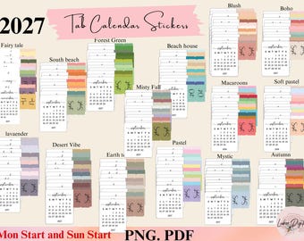 Puede incluir: Una colección de pegatinas de pestañas de calendario 2027 en varias paletas de colores, incluyendo Fairy tale, South beach, Forest Green, Beach house, Misty Fall, Blush, Boho, Macaroons, Soft pastel, Lavaender, Desert Vibe, Earth tone, Pastel, Mystic y Autumn.