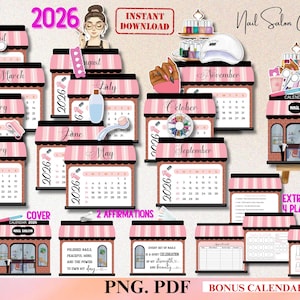 May include: A digital 2026 Nail Salon Calendar with monthly pages, nail art illustrations, and bonus planner pages. The calendar features a pink and black color scheme, with the text "Instant Download" and "Nail Salon Calendar".