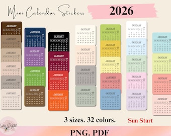 2026 Mini calendar PNG Stickers,Small Monthly Planner Printable,Print then Cut Journal Stickers,Bullet journal,Goodnotes Notability Calendar