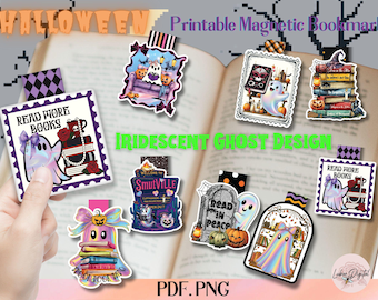 Halloween Iridescent Ghost Printable Magnetic Bookmark,Halloween Book Club Holographic book lover,Spooky Neon Ghost,Ghost Reading Bookmark