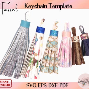 Può includere: Modello di nappa per portachiavi SVG, EPS, DXF, PDF da scaricare istantaneamente. L'immagine mostra sei diversi design di nappe, tra cui argento, bianco con disegni colorati, blu con accenti dorati, rosa con strisce bianche, marrone con accenti dorati e blu scuro.