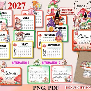 Calendario degli gnomi 2025-2026, calendario a tema cottage, mini calendario da scrivania stampabile, regalo rustico, calendario per le festività, decorazione da scrivania, regalo